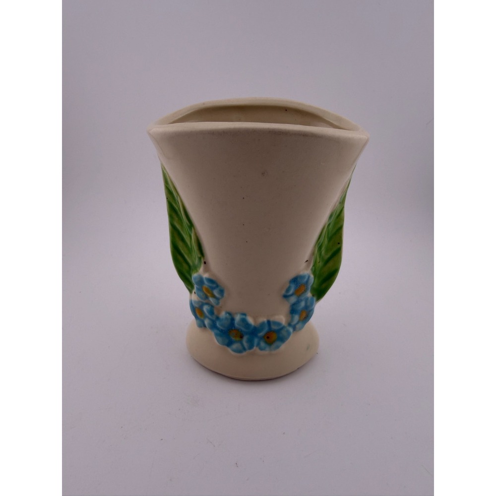 Vintage USA Ceramic Vase Blue Flowers Green Leaves Cream